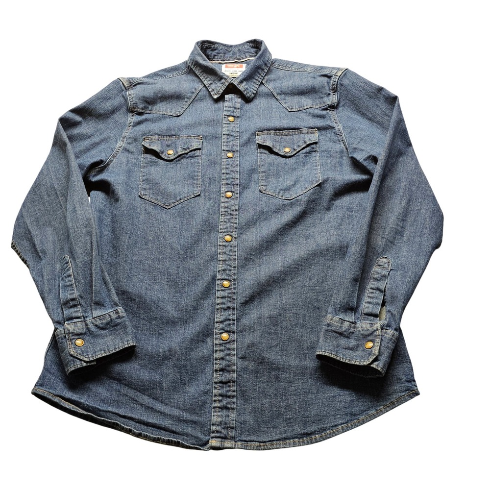 Wrangler Western Denim Pearl Snap Shirt Mens Large Blue Long Sleeve Stretch Yoke